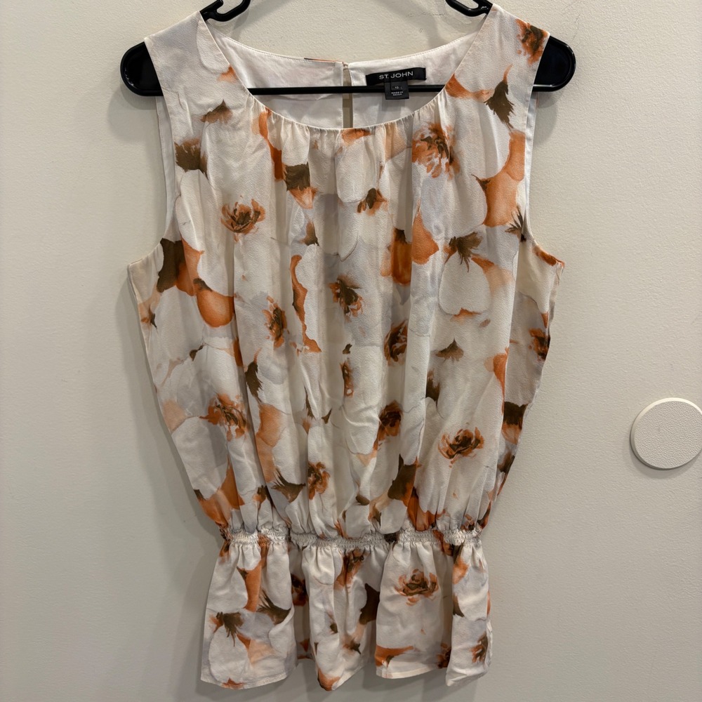 St. John Silk Floral Peplum Blouse Orange Cream Sleeveless Top 10 Quiet Luxury